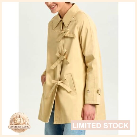 Long Sleeve Trench Coat Classic Elegant Loose Fit Bow Toggle Lapel Overcoat - Picture 3 of 7